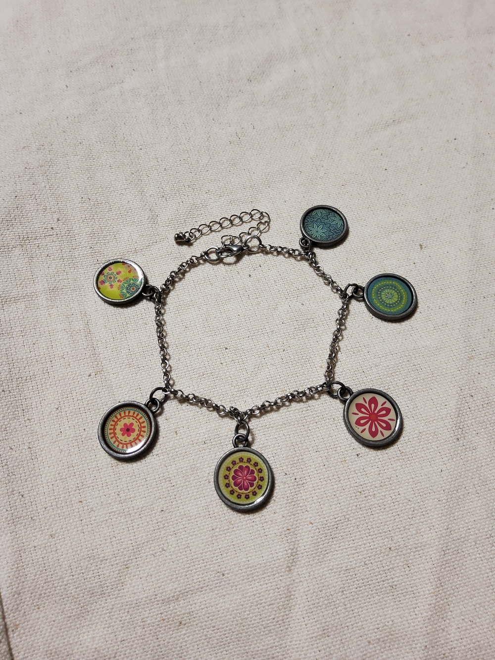 Silver Charm Bracelet with Multi-Color Floral Medallions